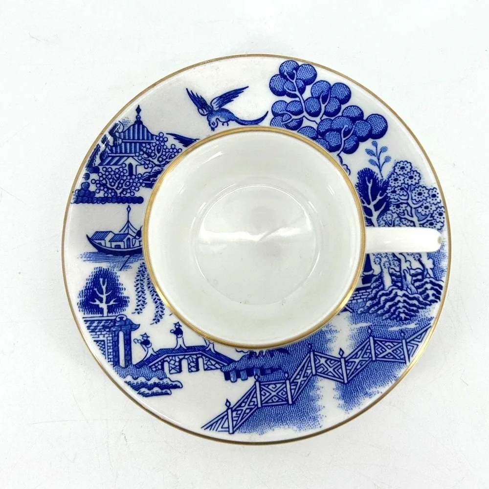 Coalport Blue Willow Demitasse Cup & Saucer Set Bone China Gold Trim - Damaged